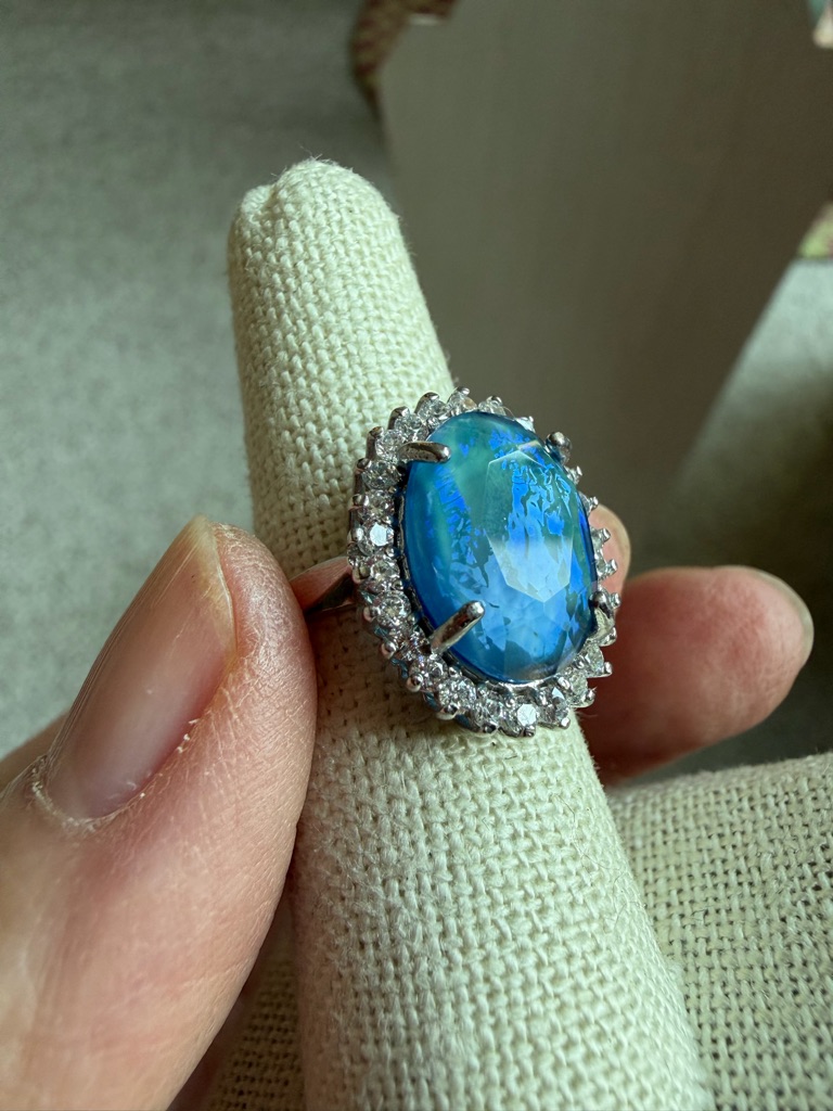 Rare Blue Green Dragon’s Breath Sterling Silver Halo Ring Size 6.5